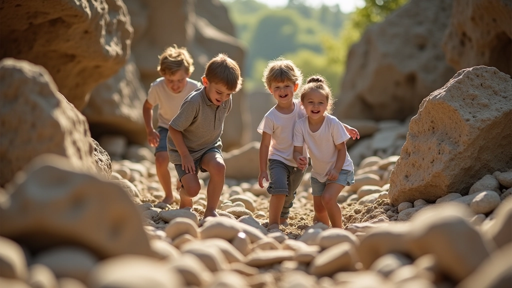 Family with children exploring natural stone formations and small caves in rock landscape